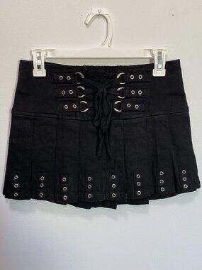 Royal Bones pleated mini skirt, black corset lace, 2010s Hot Topic mall goth